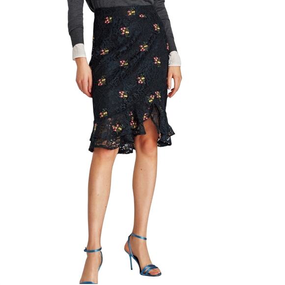 ZARA Embroidered Ruffle Hem Lace Modest Pencil Skirt Black - Picture 1 of 7